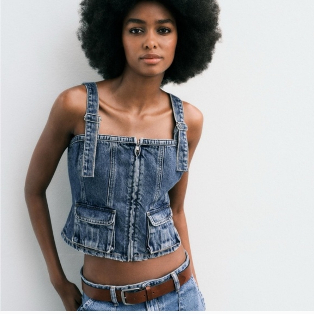 Zara Denim Zip-Up Corset Top